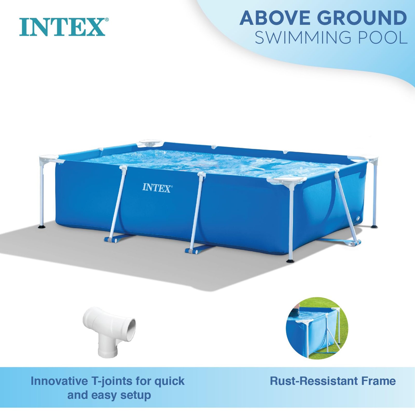 Intex 9.8ft x 6.6ft x 29.5in (300cm x 201cm x 75cm) Rectangular Above Ground Pool with Metal Frame & Flow Control Valve – Easy Setup Family Backyard Pool – 4,500L Capacity – Blue - Image 16