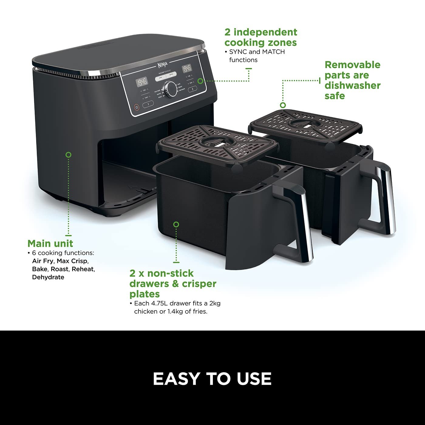 Ninja AF300UK Dual Zone Air Fryer - 7.6L, 2 Drawers, 6-in-1 Cooking, Energy Efficient, Oil-Free, Non-Stick, Dishwasher Safe, Black/Silver - Image 25