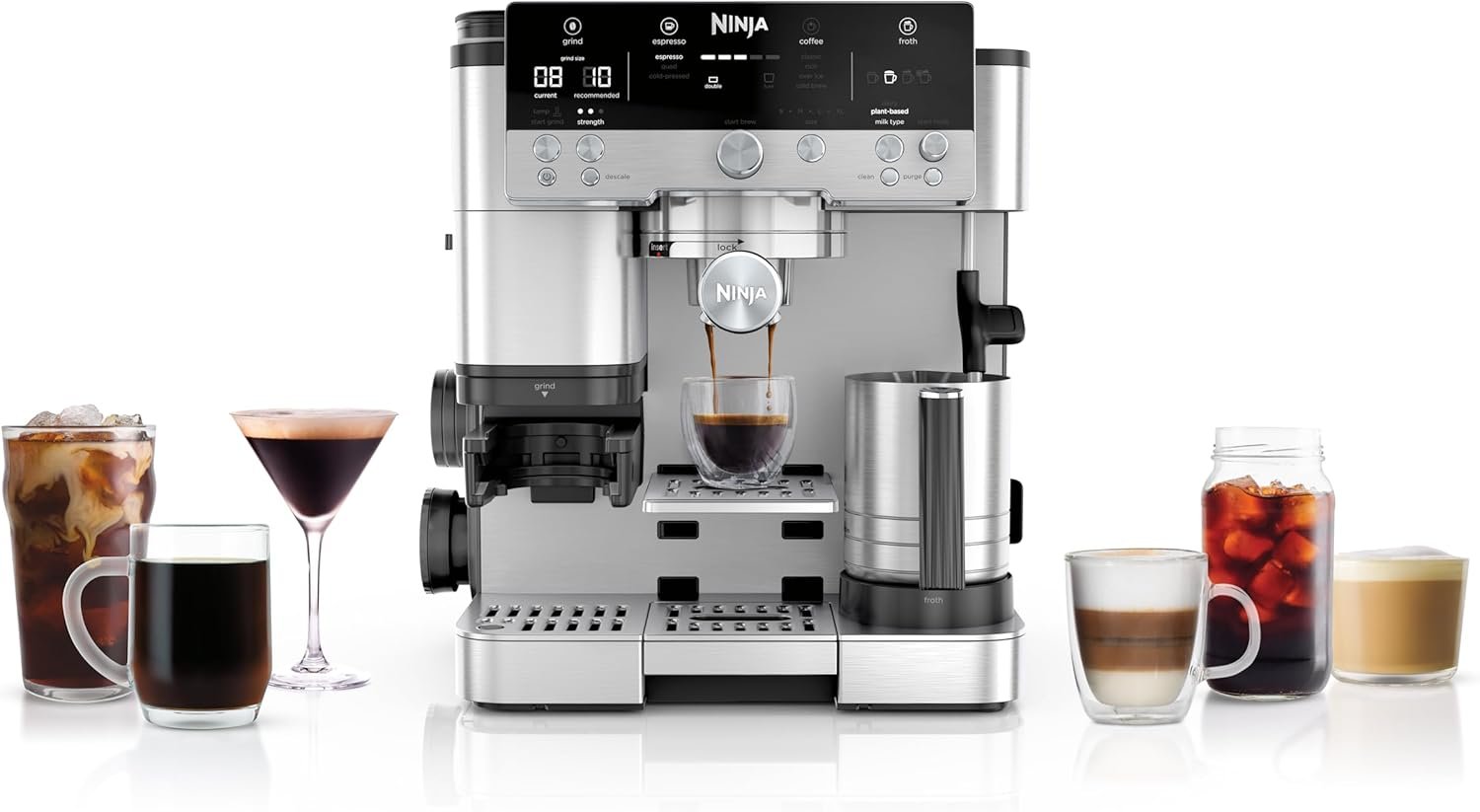 Ninja Luxe Premier ES601UK – 3-in-1 Espresso, Cold Brew & Filter Coffee Machine with Built-In Grinder & Milk Frother (Silver)