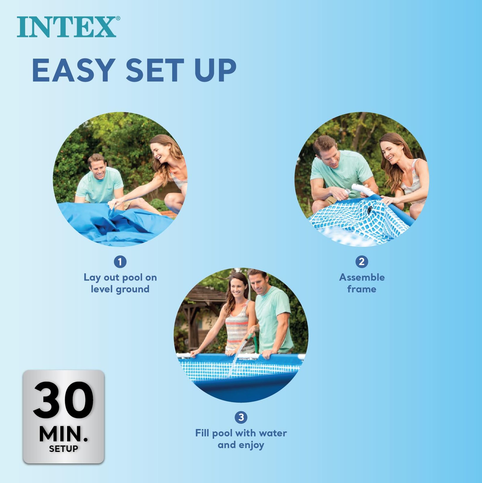 Intex 9.8ft x 6.6ft x 29.5in (300cm x 201cm x 75cm) Rectangular Above Ground Pool with Metal Frame & Flow Control Valve – Easy Setup Family Backyard Pool – 4,500L Capacity – Blue - Image 17