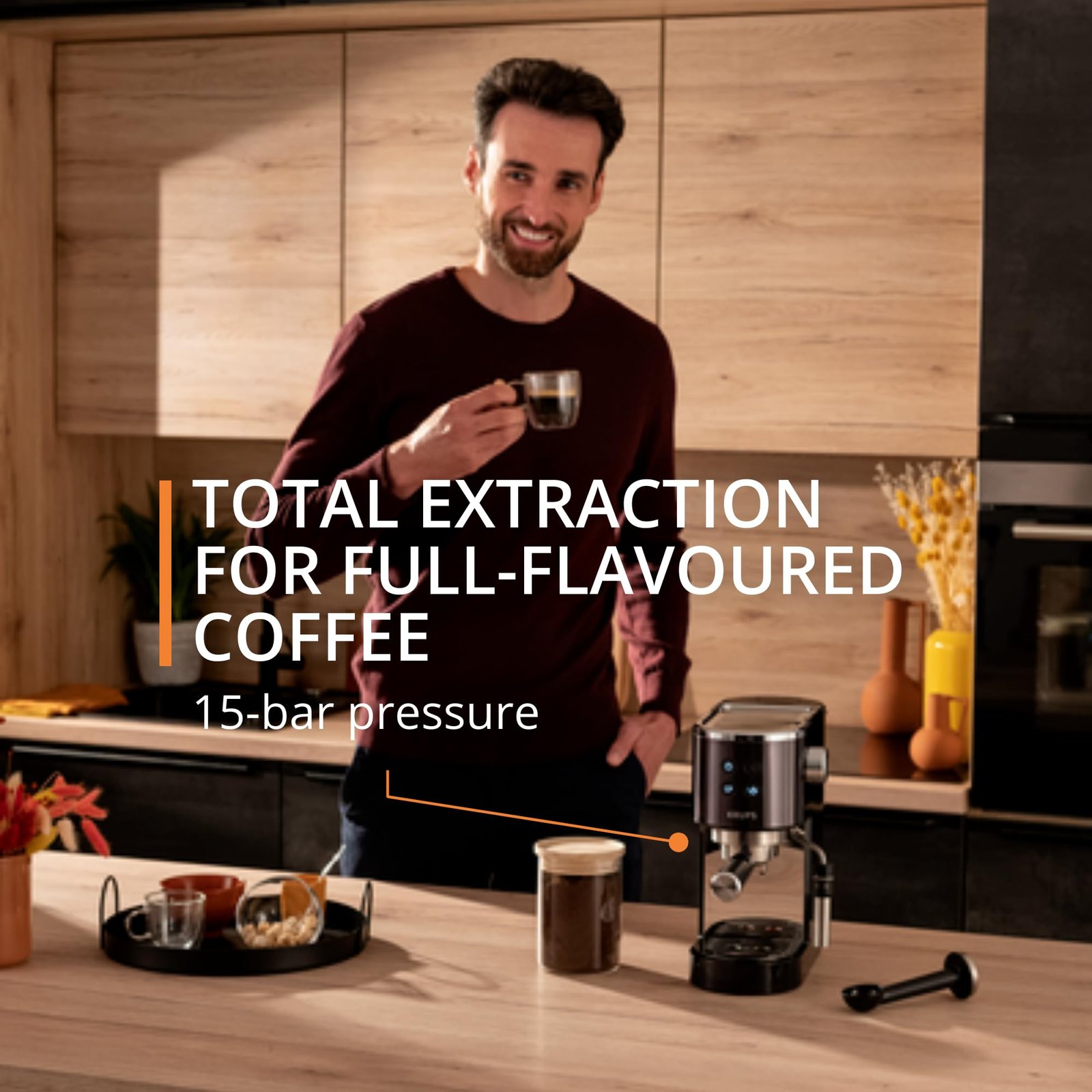 Krups Virtuoso+ XP444GG0 Pump Espresso Machine – Compact Design with Auto Flow-Stop & Dual-Mode Steam Wand, Black Stainless Steel - Image 2