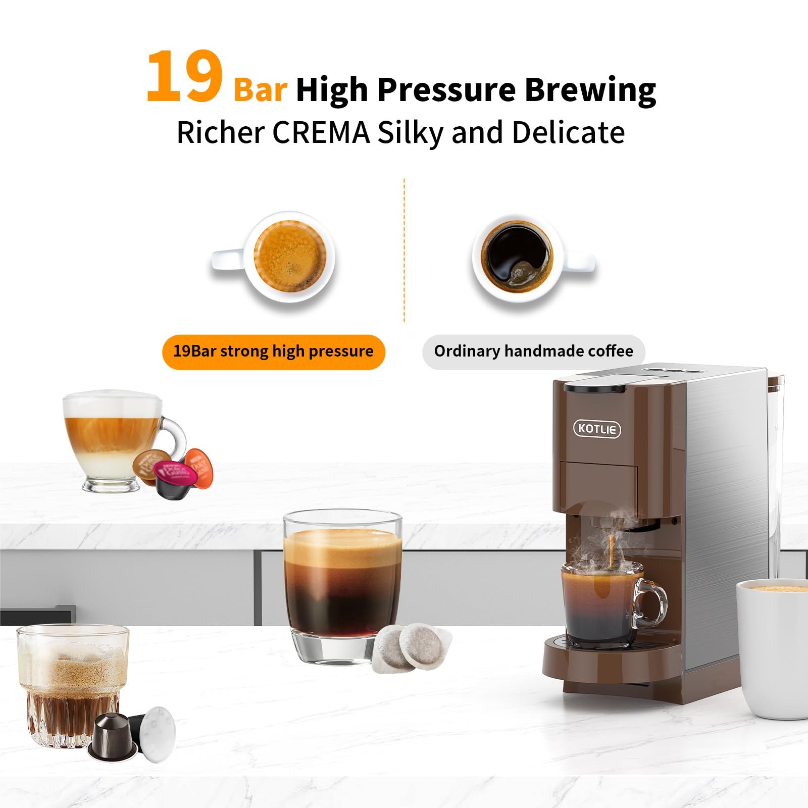 KOTLIE AC-513HF 5-in-1 19-Bar Multi-Capsule Espresso Machine – Compatible with Nespresso Original, Dolce Gusto, Lavazza Mio, L’OR, Ground & ESE Pods - Image 15