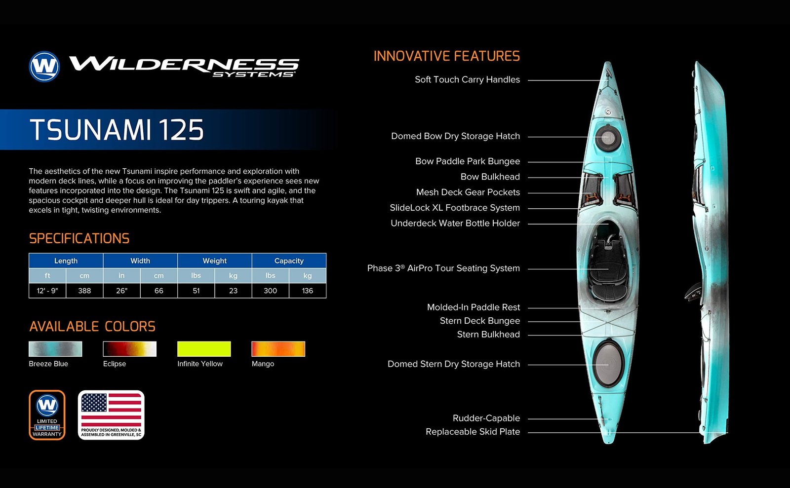 Wilderness Systems Tsunami 125 12′9″ Sit-Inside Touring Kayak – Phase 3 AirPro Seat & Dual Hatches - Image 18