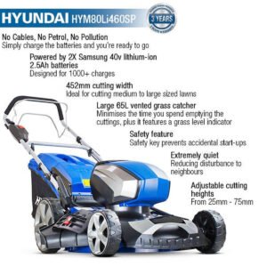 Hyundai HYM80Li460SP 80V Cordless Self Propelled Lawnmower 45cm 2 x Batteries & Charger