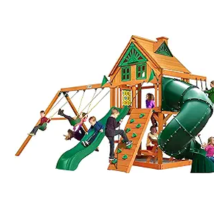 Gorilla Playsets Mountaineer Wooden Treehouse Swing Set with Tube Slide, Rope Ladder & Sandbox
